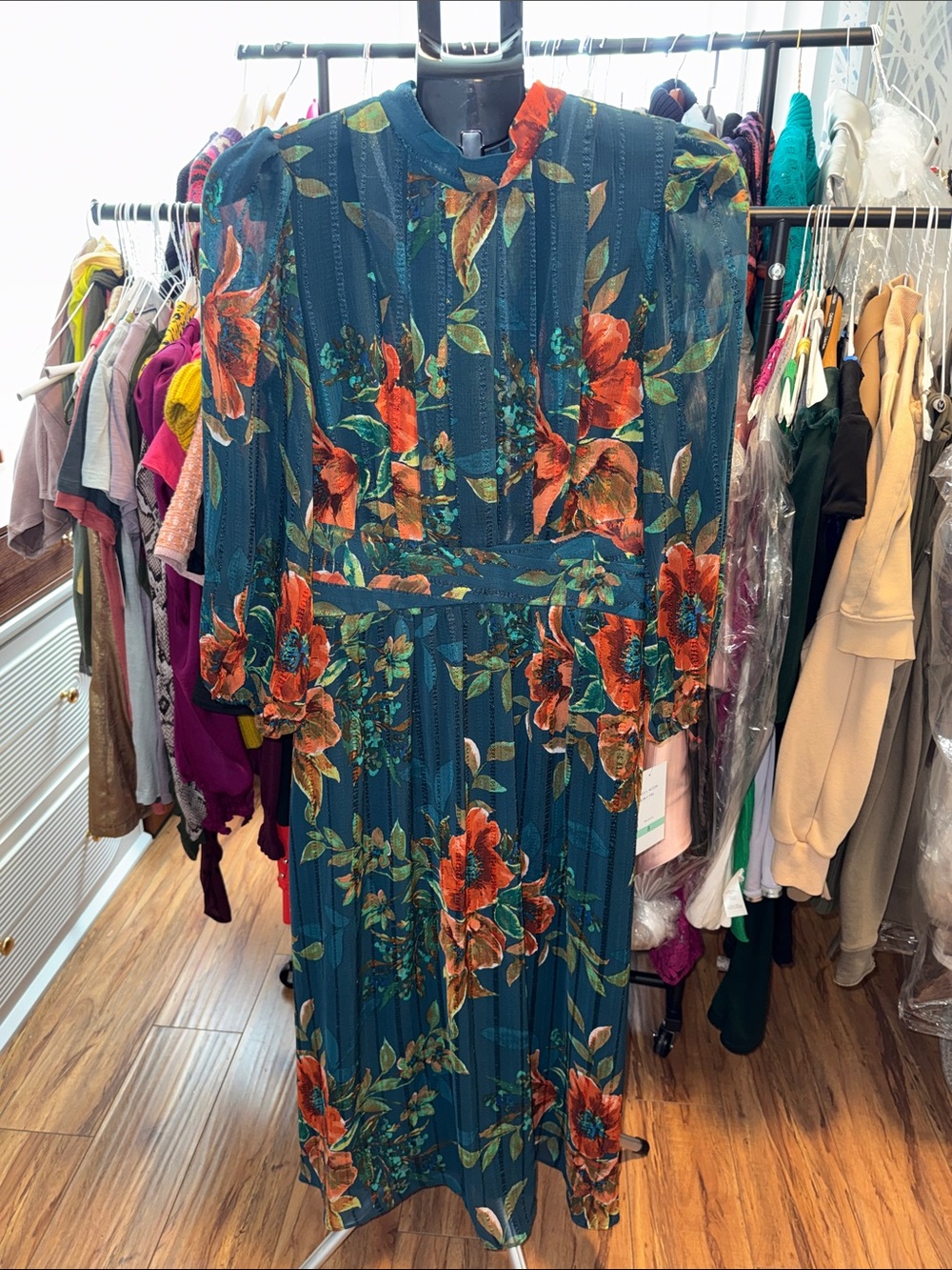 Maison Tara Green Maxi Dress with Orange Floral Print